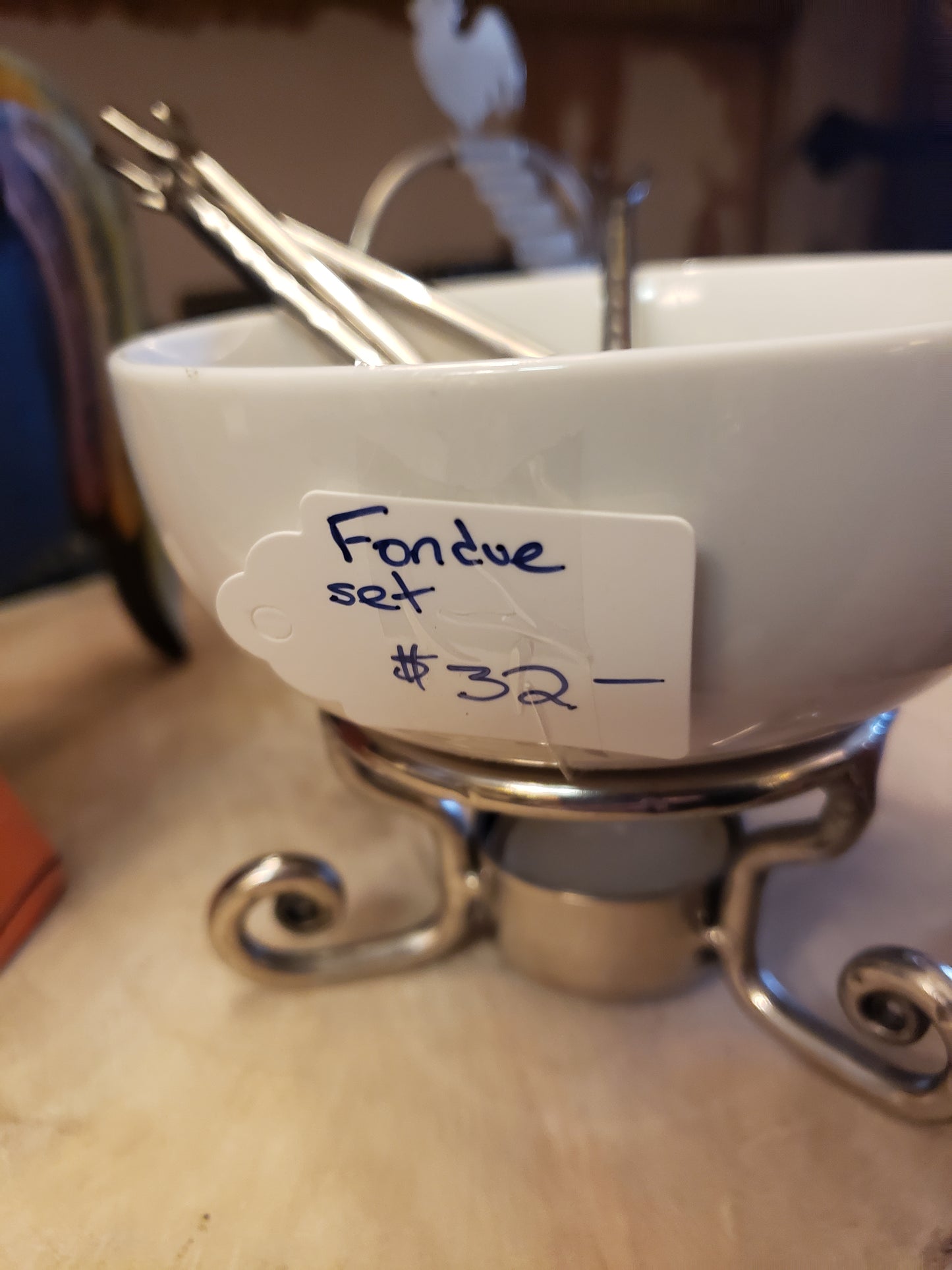 Cheese/chocolate fondue set, ceramic/metal,