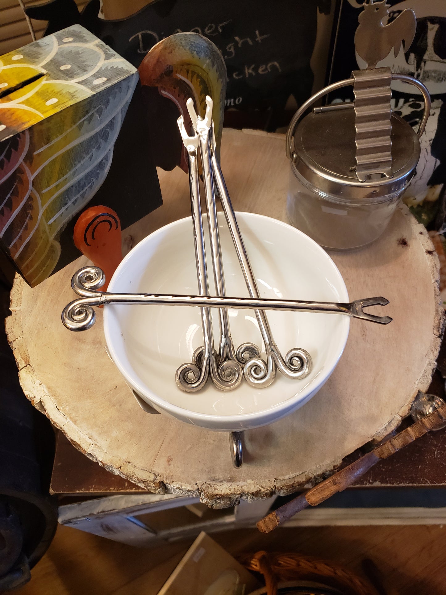 Cheese/chocolate fondue set, ceramic/metal,