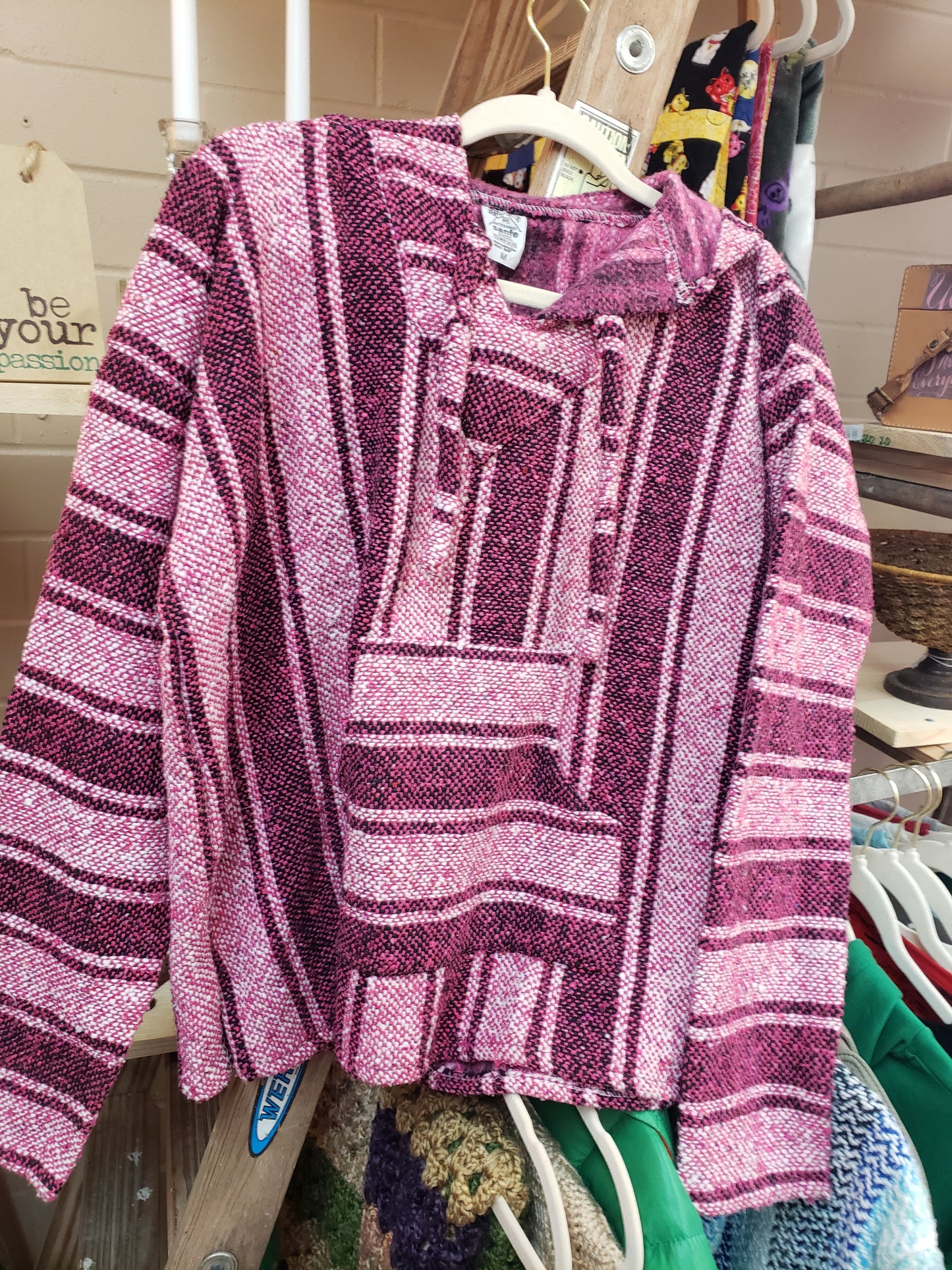 Mexican Baja hoody, Burgundy and pink, long-sleeved, knitted with front pocket
