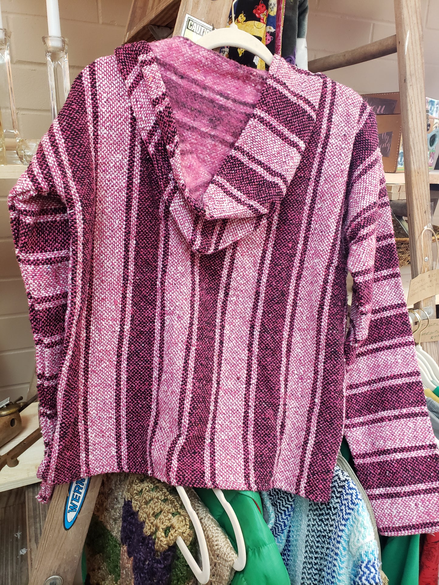 Mexican Baja hoody, Burgundy and pink, long-sleeved, knitted with front pocket