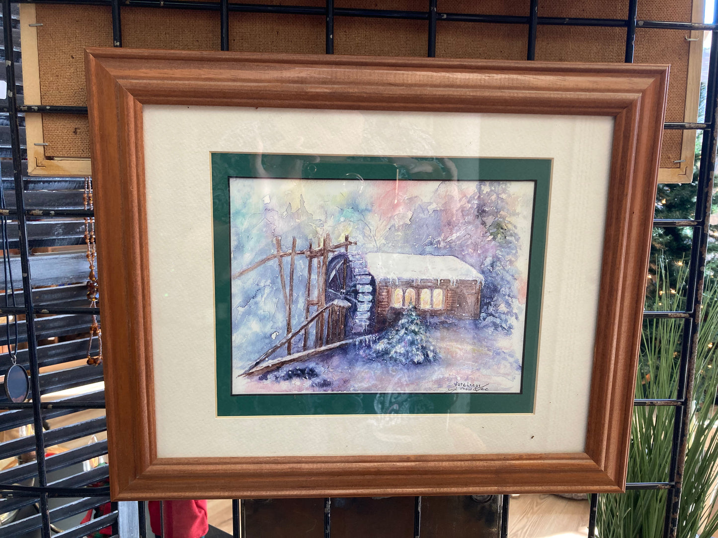 “Winter Waterwheel” Framed, matted original artist signed watercolor, Jora Lee 16 1/2” x 14”