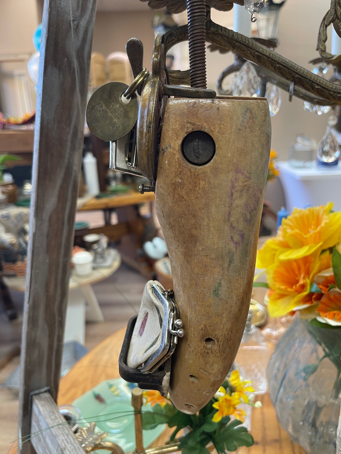 Found object assemblage art - hanging wood foot