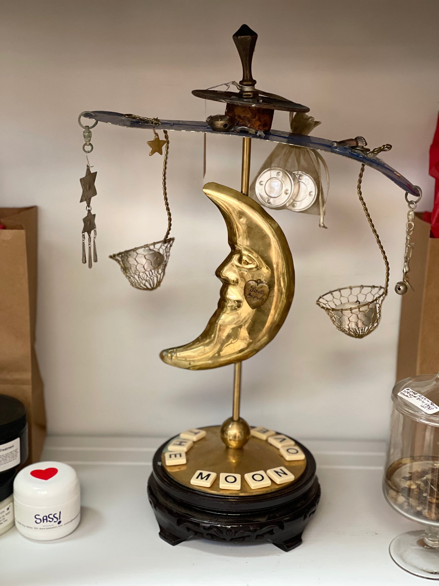 Assemblage Art moon tea light holder