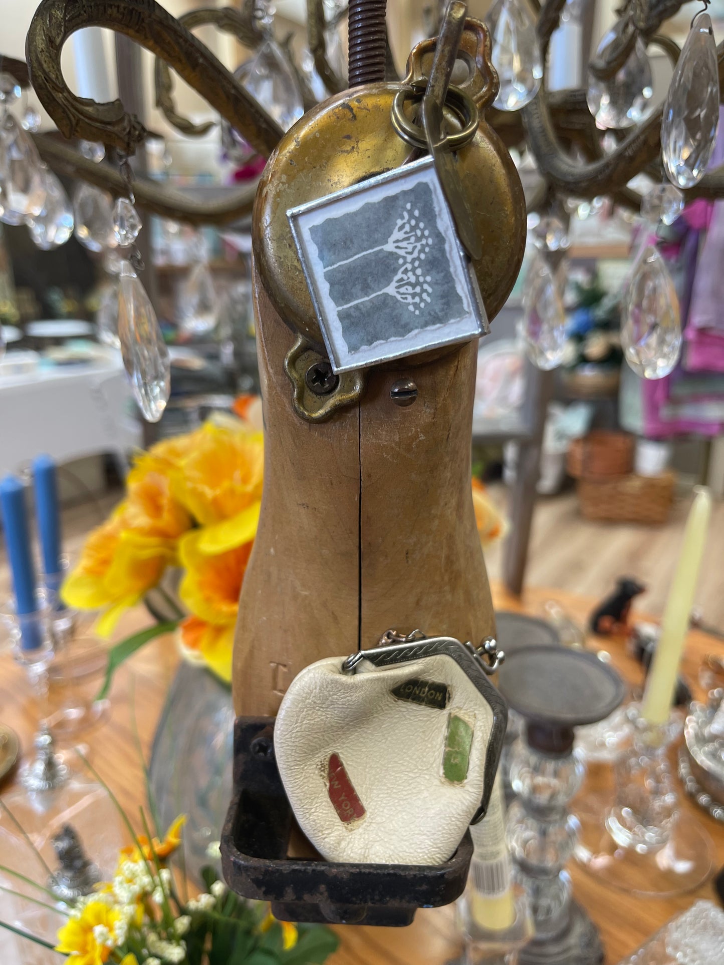 Found object assemblage art - hanging wood foot
