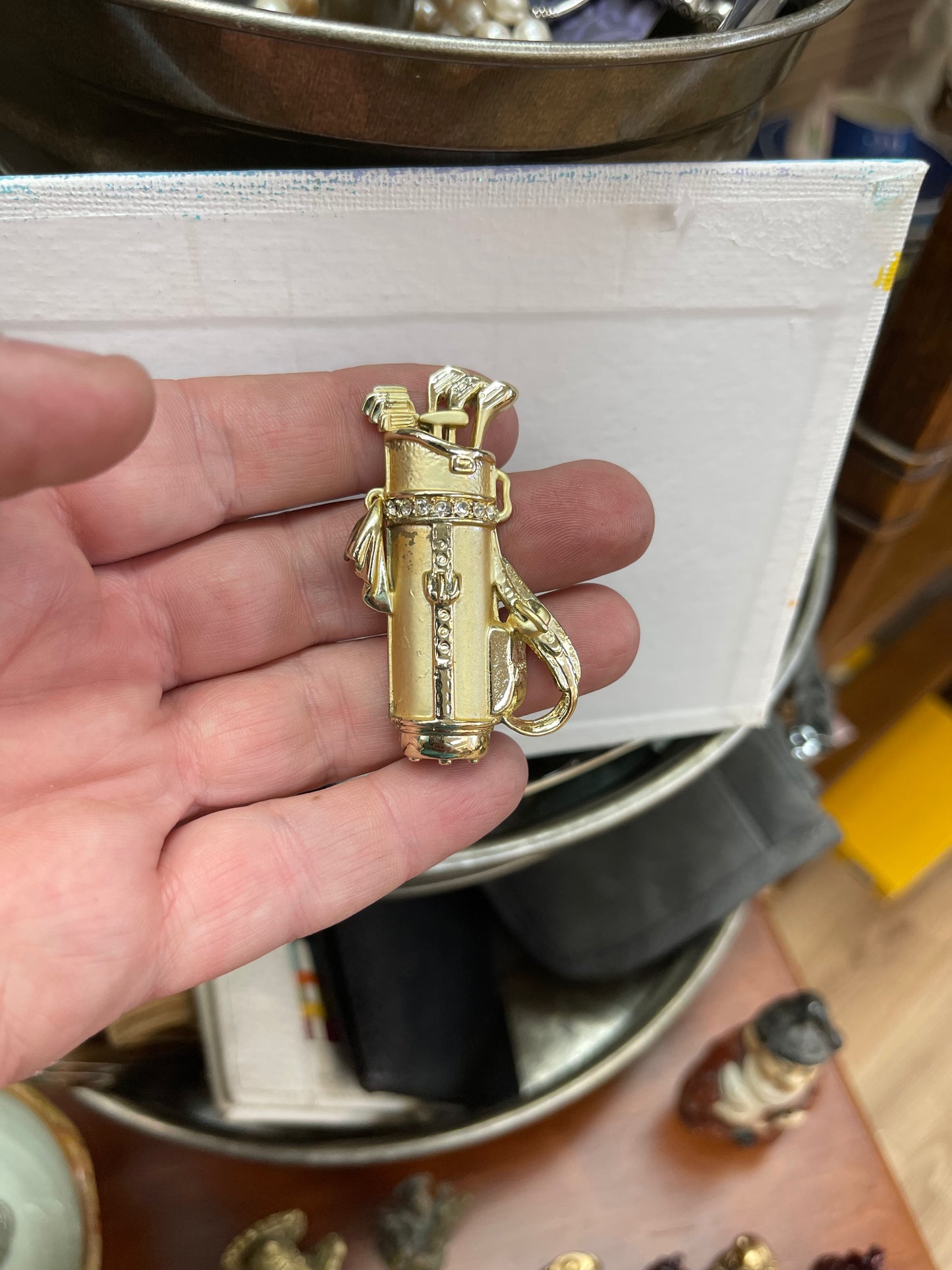 Vintage AJC Gold Tone and Clear Rhinestones Golf Bag Brooch. AJC Hallmark.