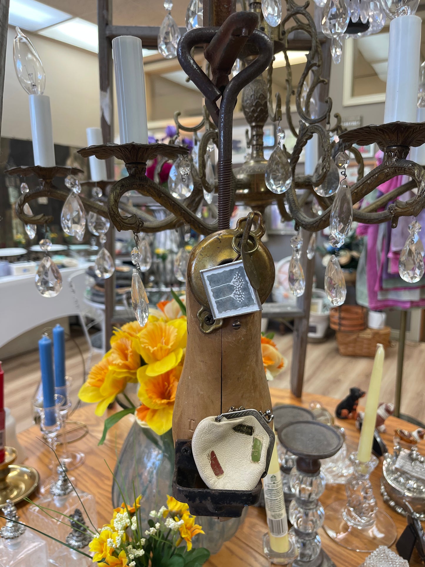Found object assemblage art - hanging wood foot