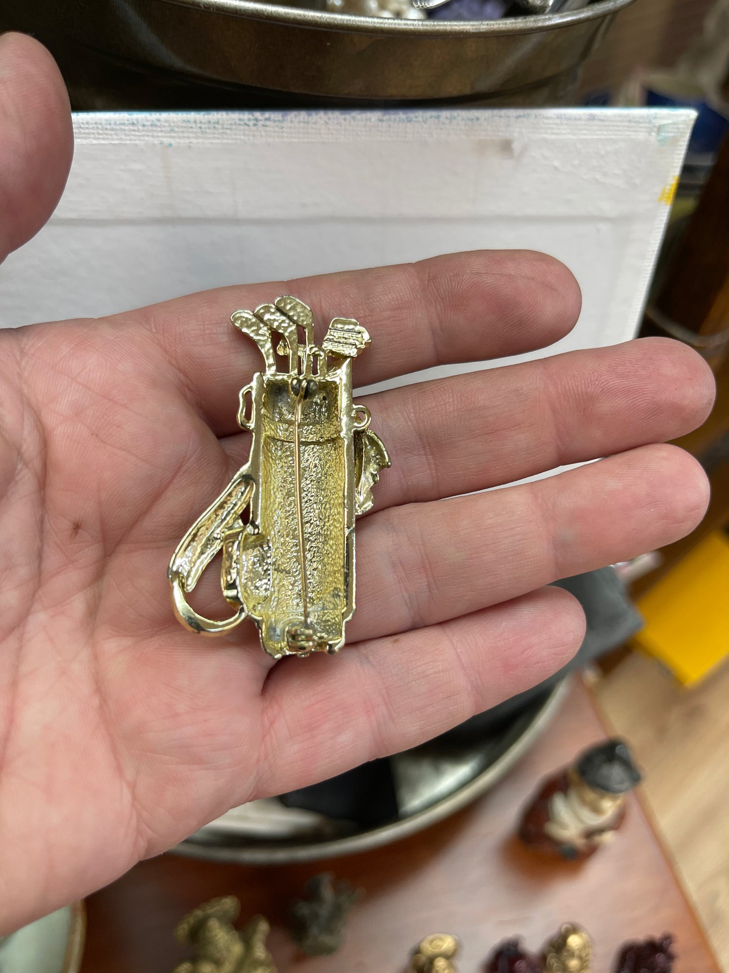 Vintage AJC Gold Tone and Clear Rhinestones Golf Bag Brooch. AJC Hallmark.