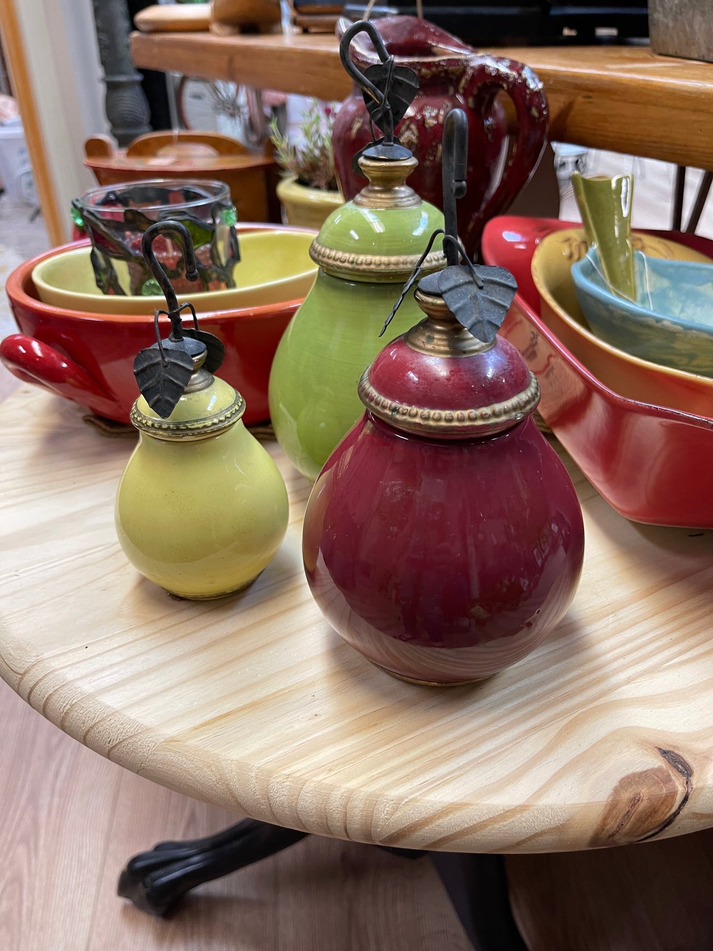 Ceramic pear shaped containers with lids set of 3, red, yellow, green