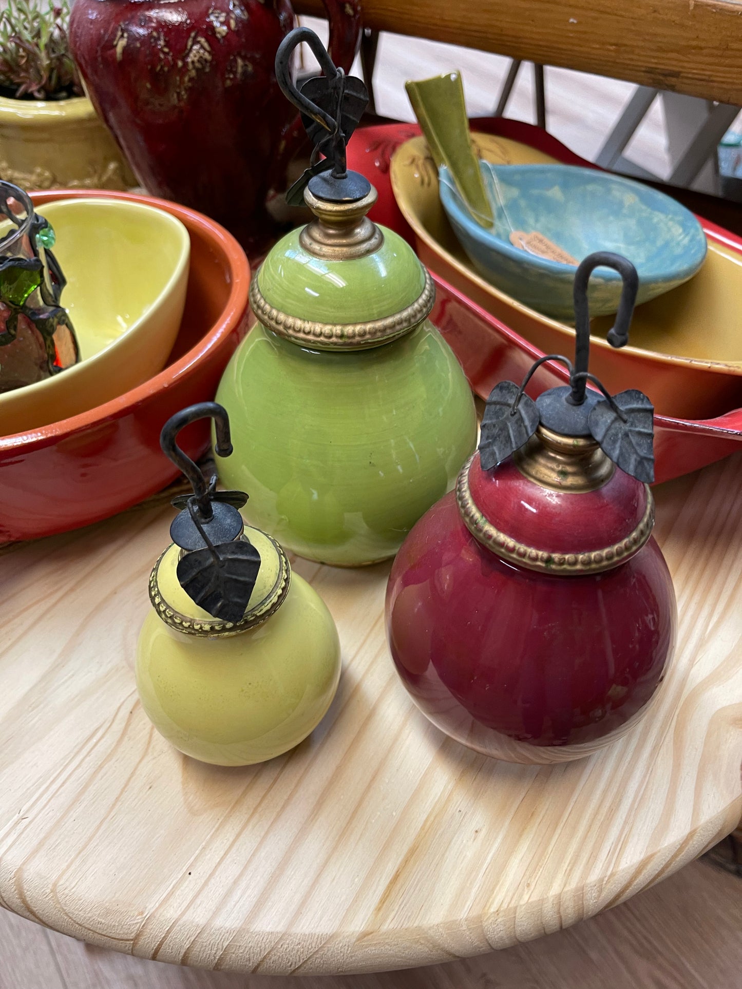 Ceramic pear shaped containers with lids set of 3, red, yellow, green