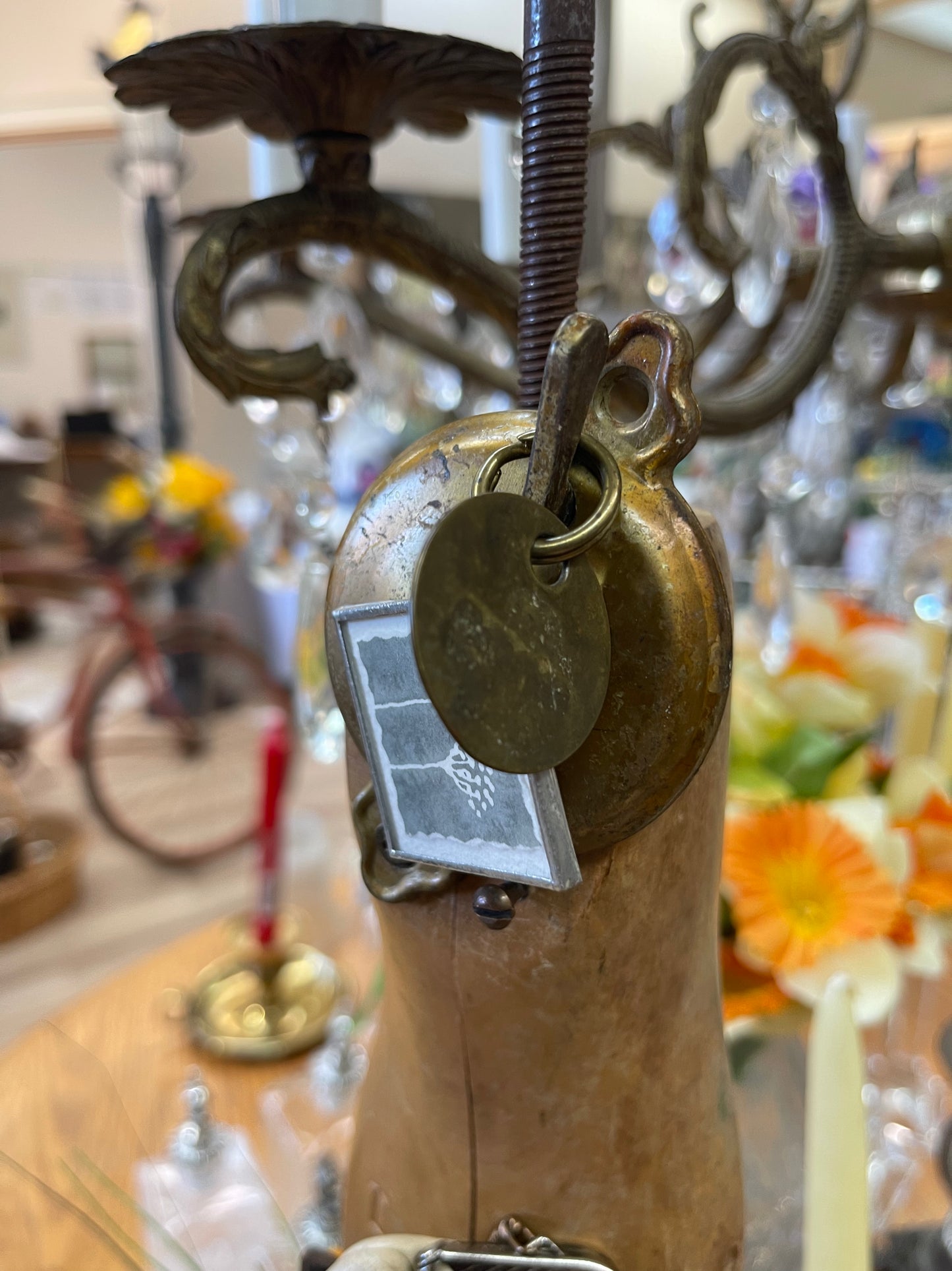 Found object assemblage art - hanging wood foot