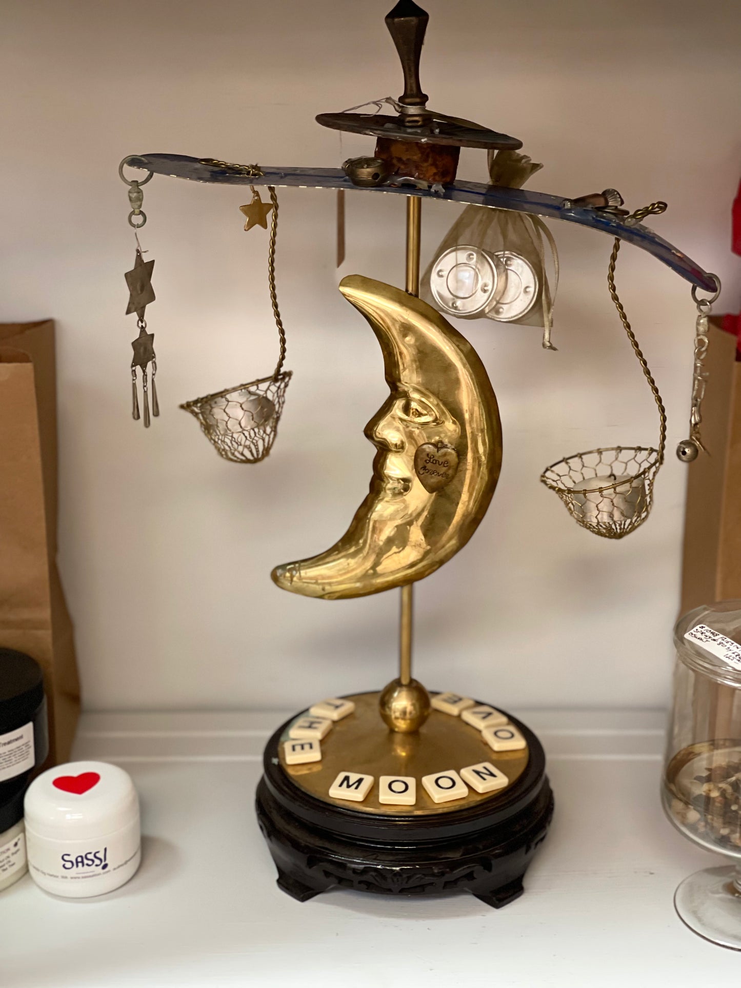 Assemblage Art moon tea light holder