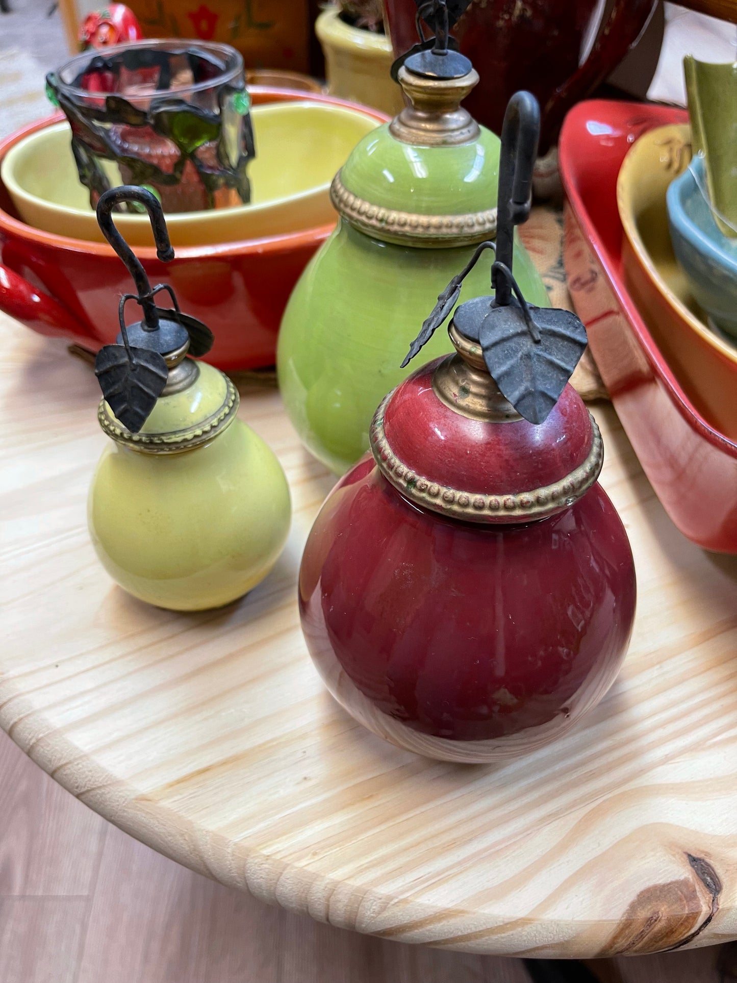 Ceramic pear shaped containers with lids set of 3, red, yellow, green