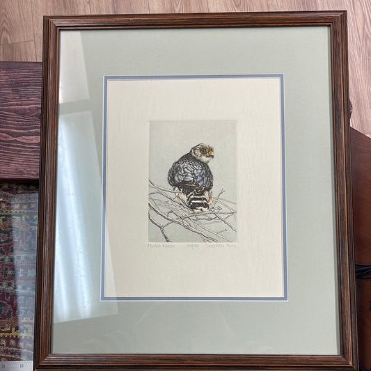 Hand pulled intaglio print “Merlin Falcon” signed by SueEllen Ross, edition 134/350