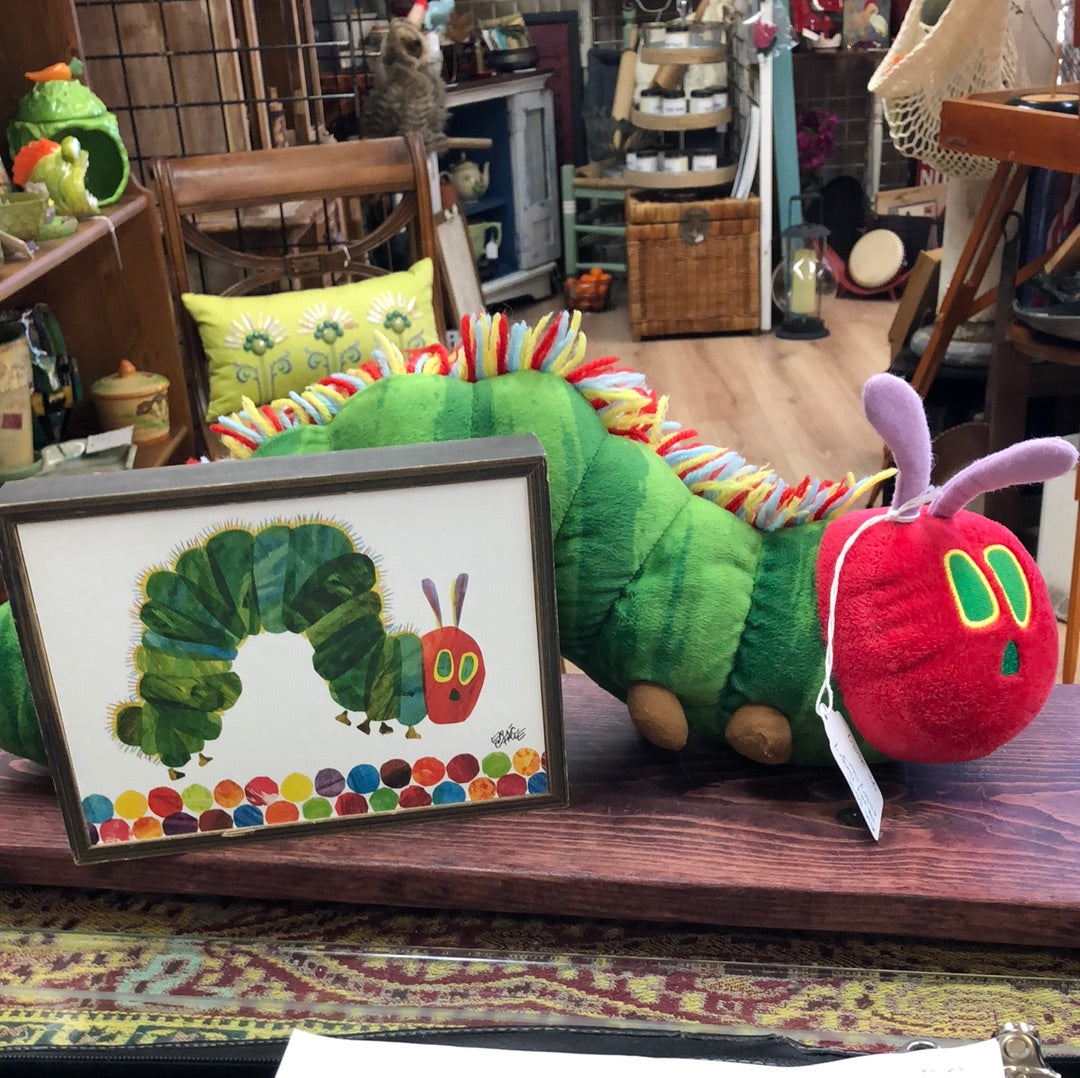 Eric Carle “The Very Hungry Caterpillar” stuffed animal with the framed painted very hungry caterpillar!
