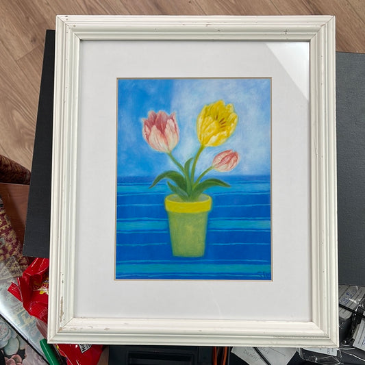 Tulip print blue background weathered white frame
