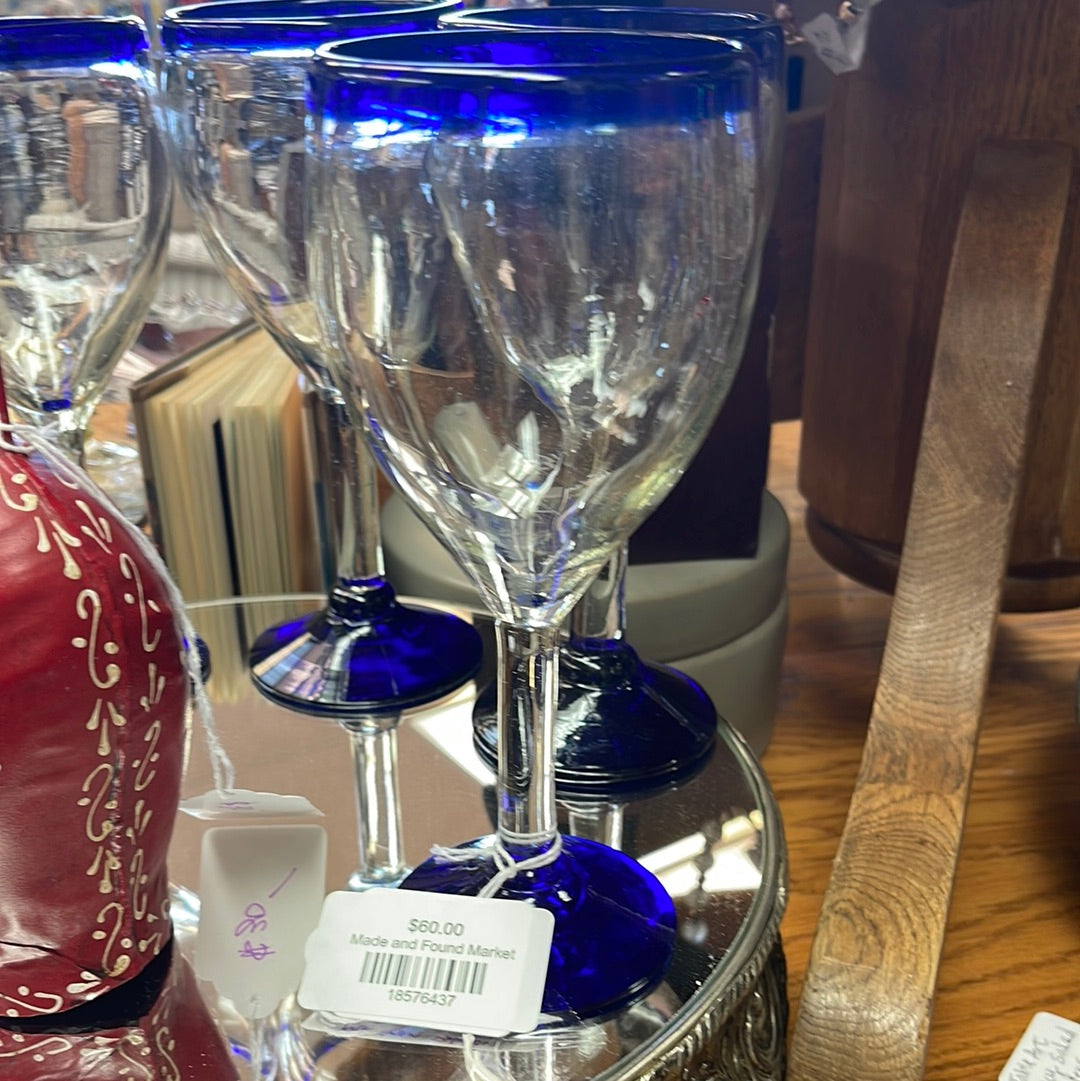 MexHandCraft Hand blown Mexican recycled glass cobalt blue-rim, wine glasses set of 4