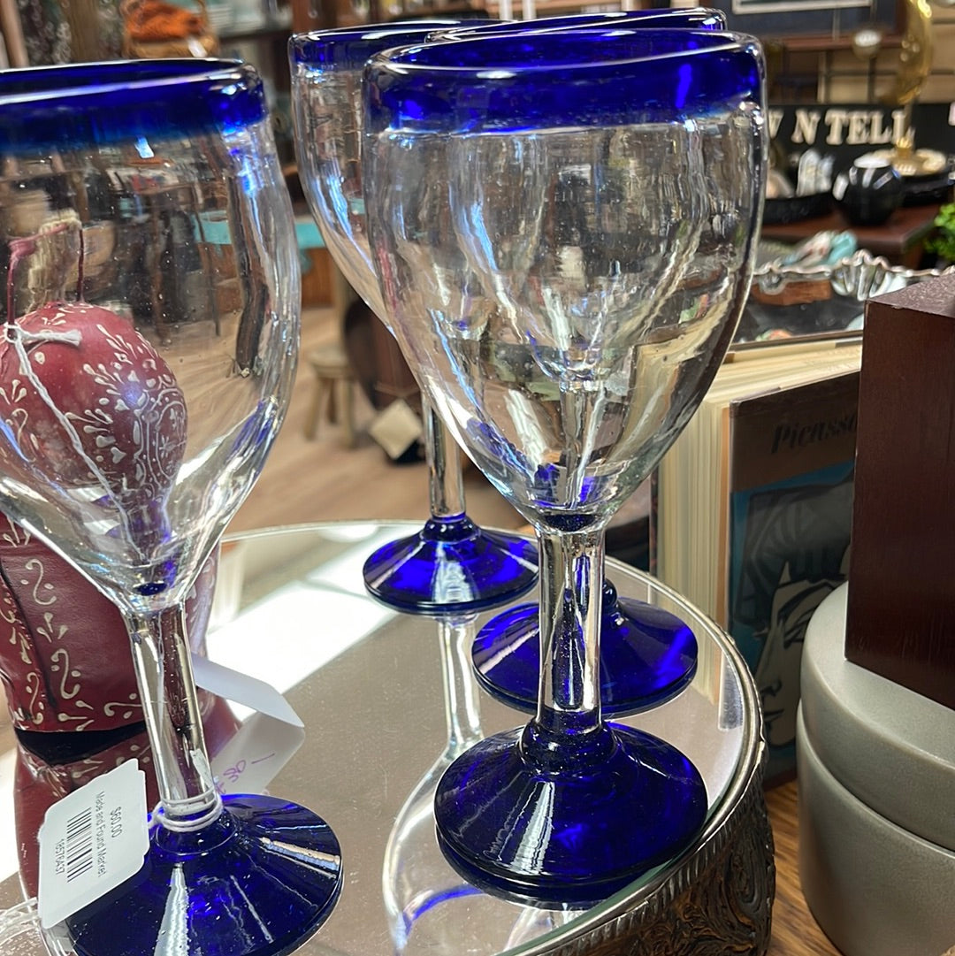 MexHandCraft Hand blown Mexican recycled glass cobalt blue-rim, wine glasses set of 4