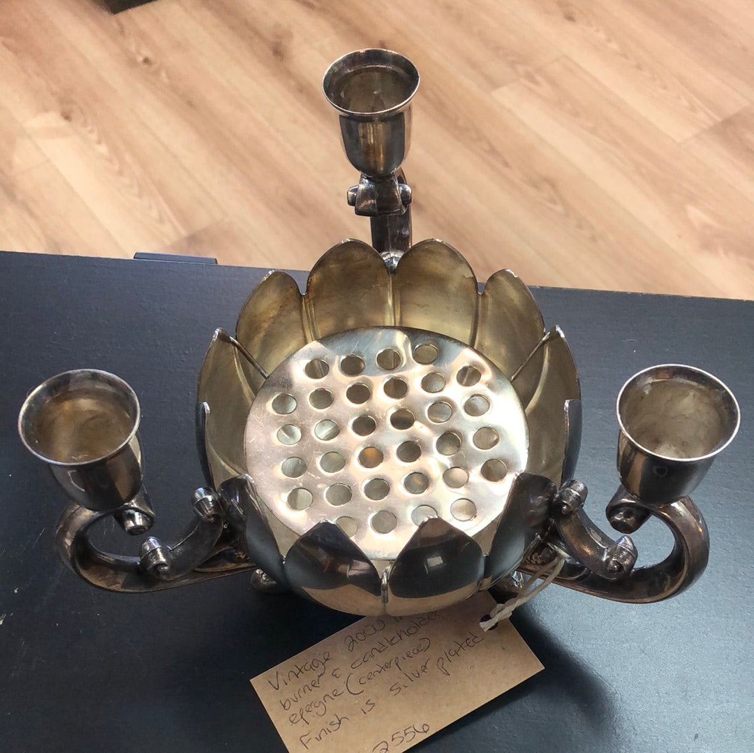 Silver plated flower frog with 3 pillar candle holder Vintage 2000