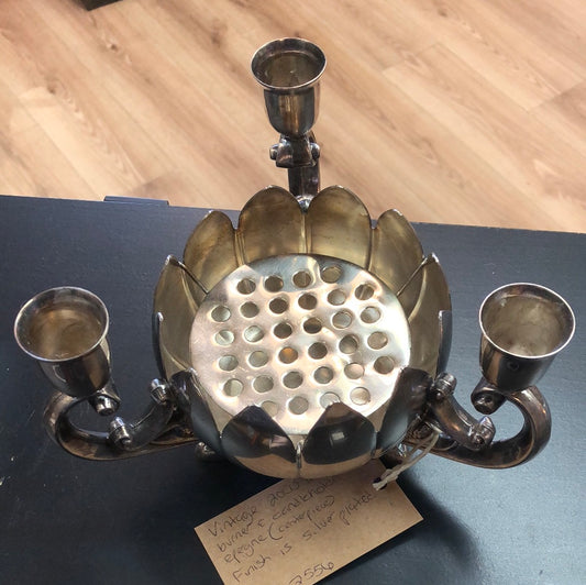 Silver plated flower frog with 3 pillar candle holder Vintage 2000