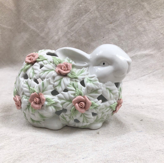 White Ceramic Bunny with cutouts and roses