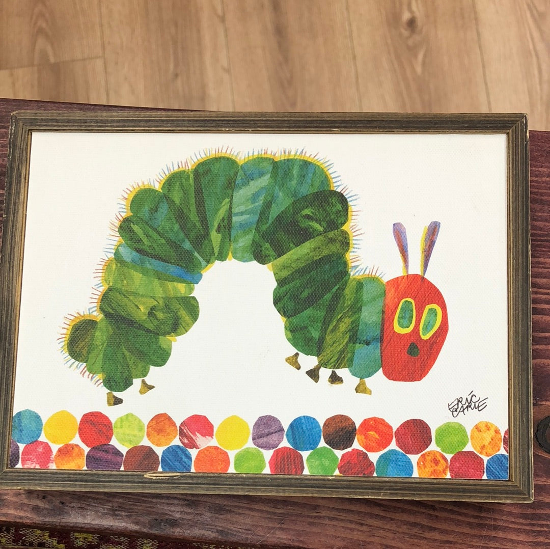 Eric Carle “The Very Hungry Caterpillar” stuffed animal with the framed painted very hungry caterpillar!