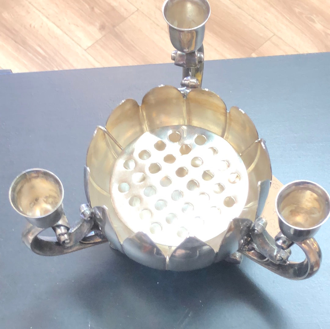 Silver plated flower frog with 3 pillar candle holder Vintage 2000