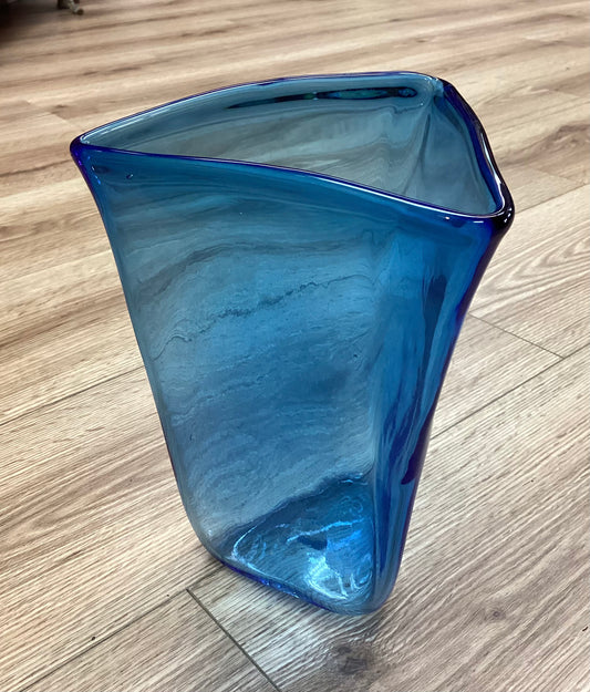 Blenko Art Glass Azure Blue Extruded Triangle Vase