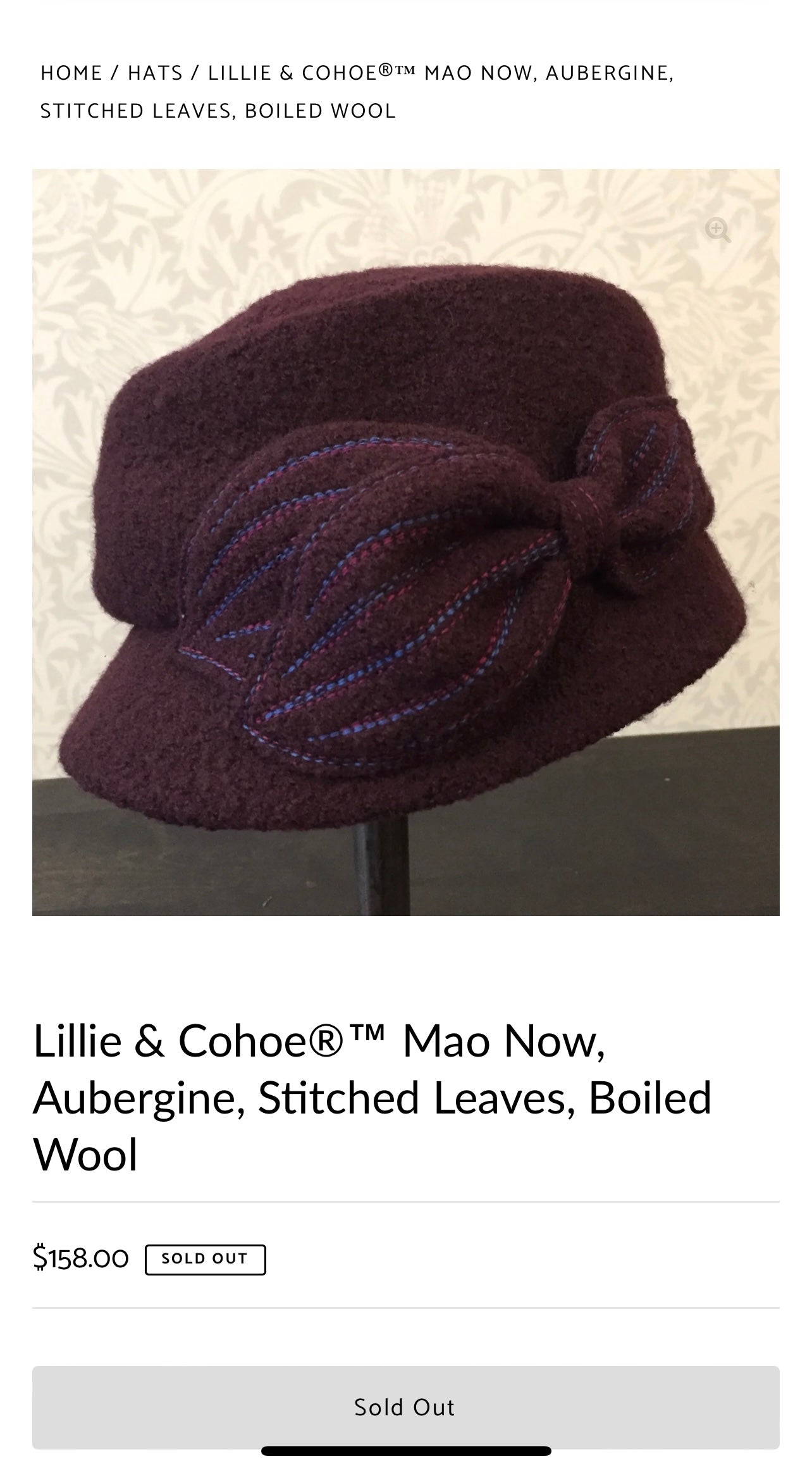 Lillie & Cohoe®™ Mao Now, Aubergine, Stitched Leaves, Boiled Wool