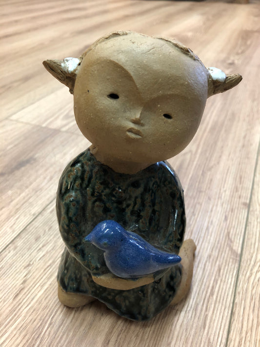 Vintage Japanese Hong Horizons Pottery Kneeling Girl with Bird Figurine Earthware