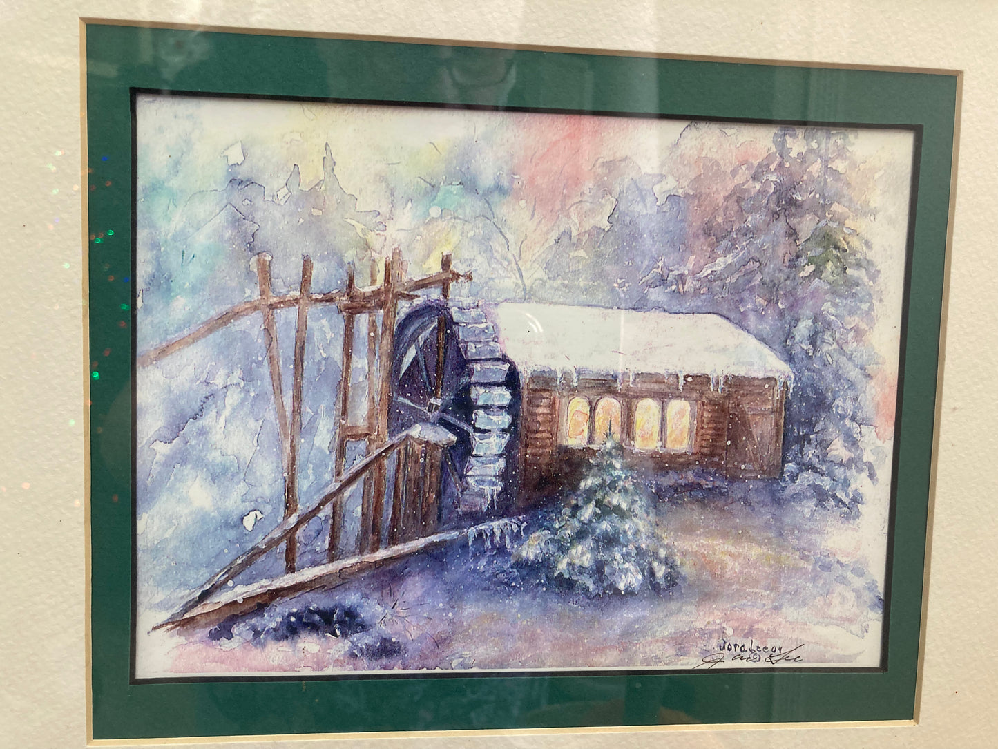 “Winter Waterwheel” Framed, matted original artist signed watercolor, Jora Lee 16 1/2” x 14”