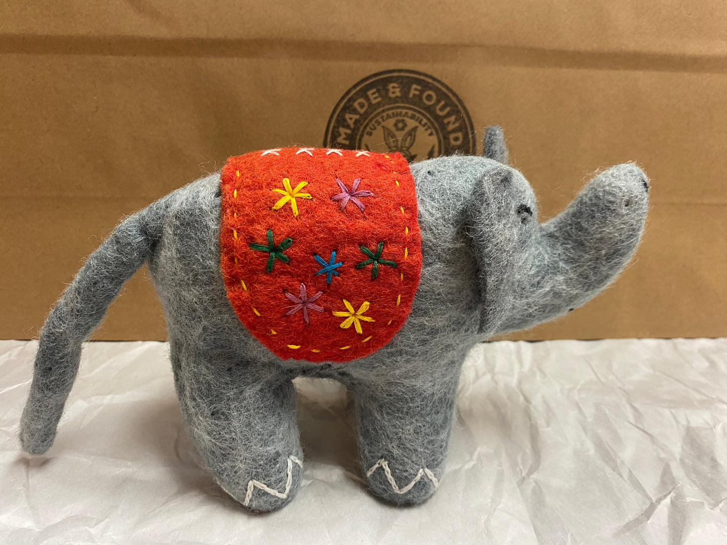 Hand-sewn folk art stuffed animal elephant