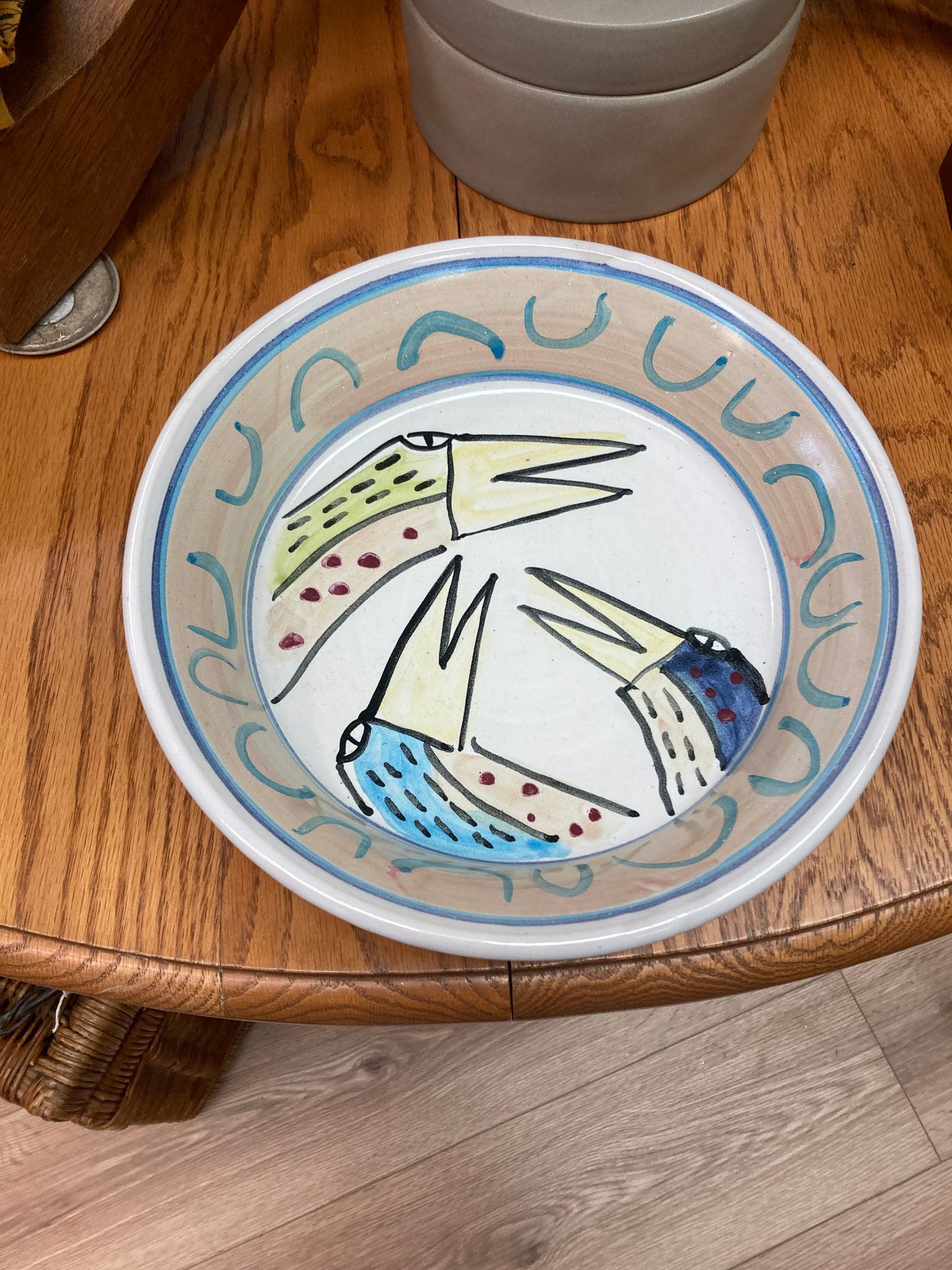 Hand-crafted, artist-signed pottery large bowl 3 birds