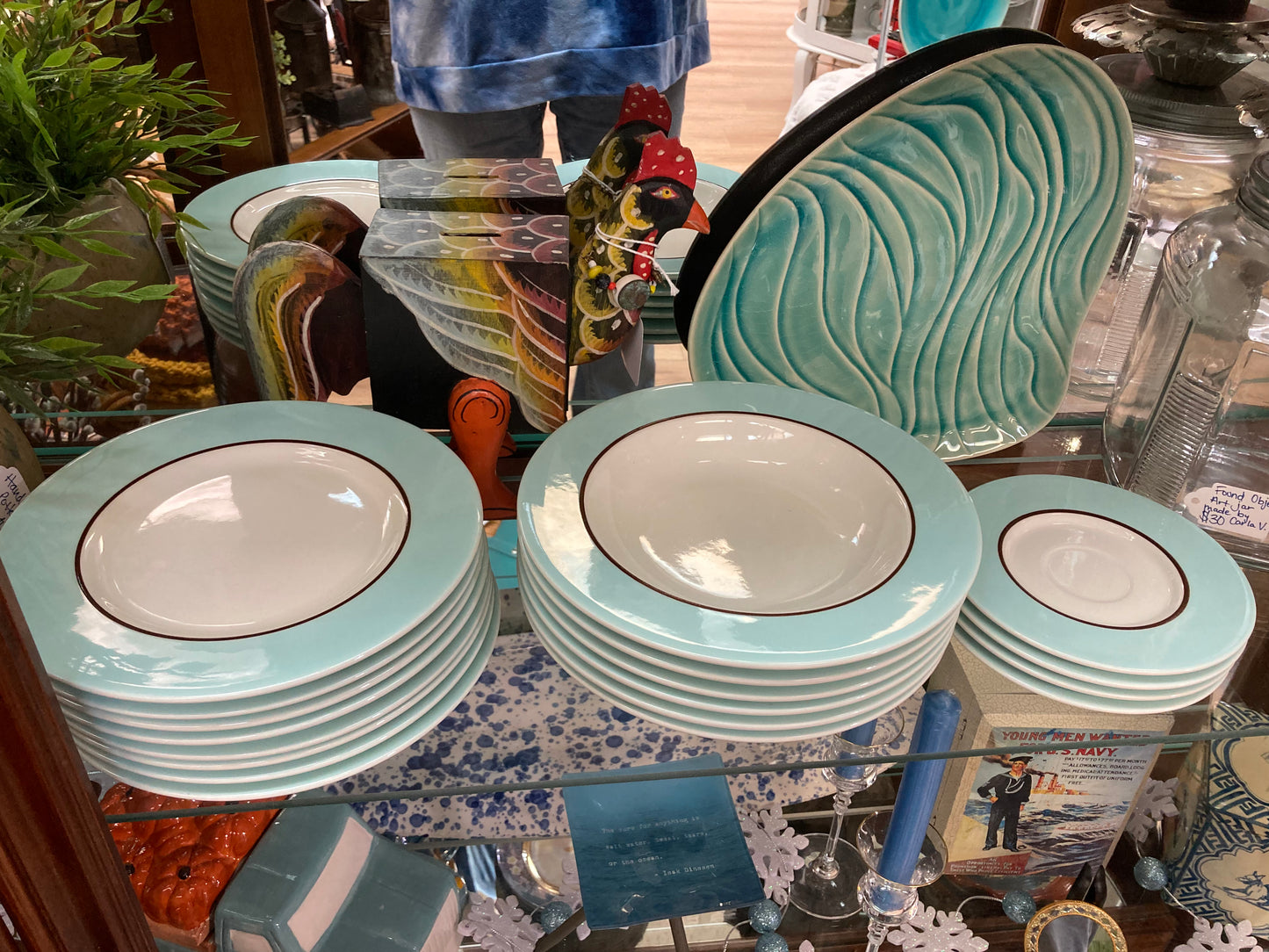 Pagnossin Ironstone AUDREY 8.5" Rim Soup Bowls, Robin's Egg Blue Brown Band, Made in Italy, Crate & Barrel $69.95 set of 8