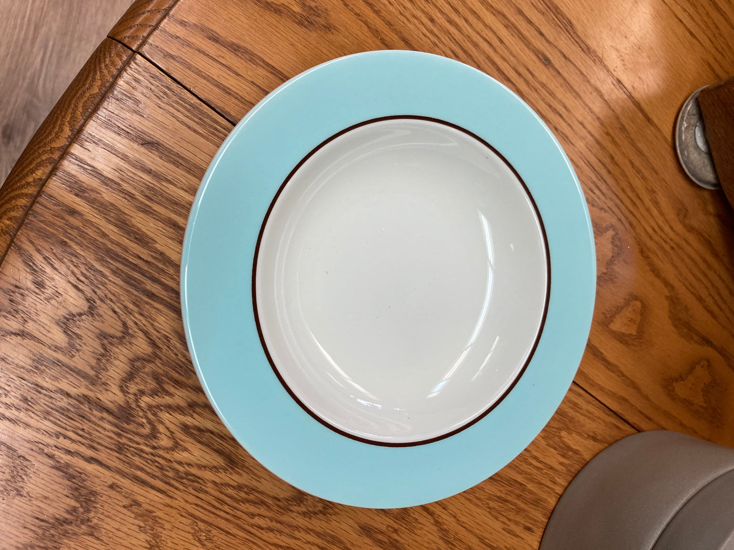 Pagnossin Ironstone AUDREY 8.5" Rim Soup Bowls, Robin's Egg Blue Brown Band, Made in Italy, Crate & Barrel $69.95 set of 8