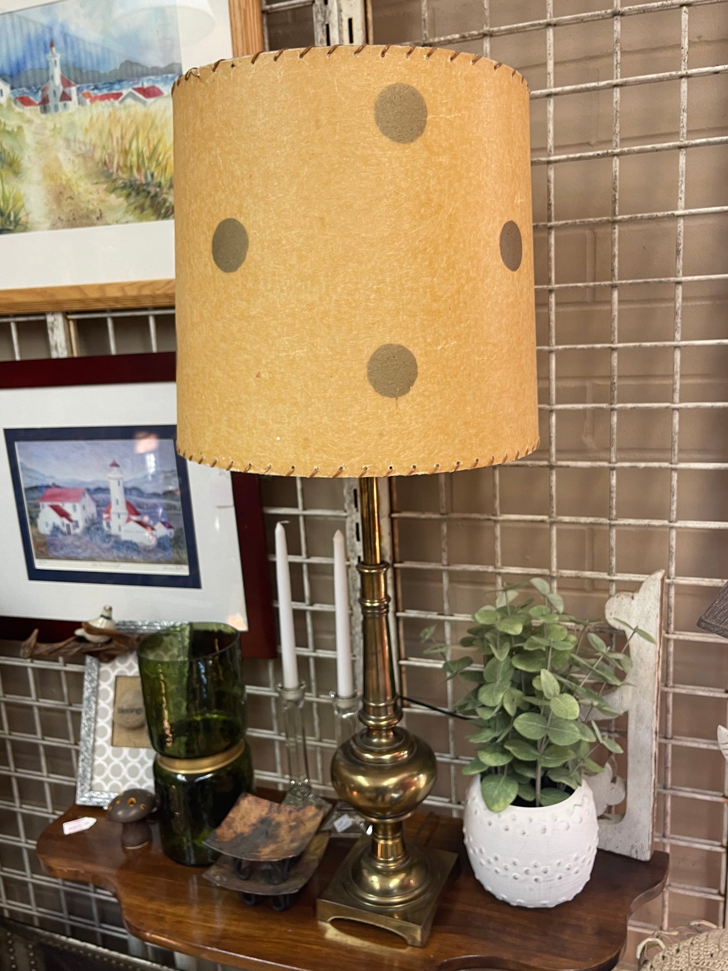 Vintage MCM brass lamp with leather laced polka dot drum shade