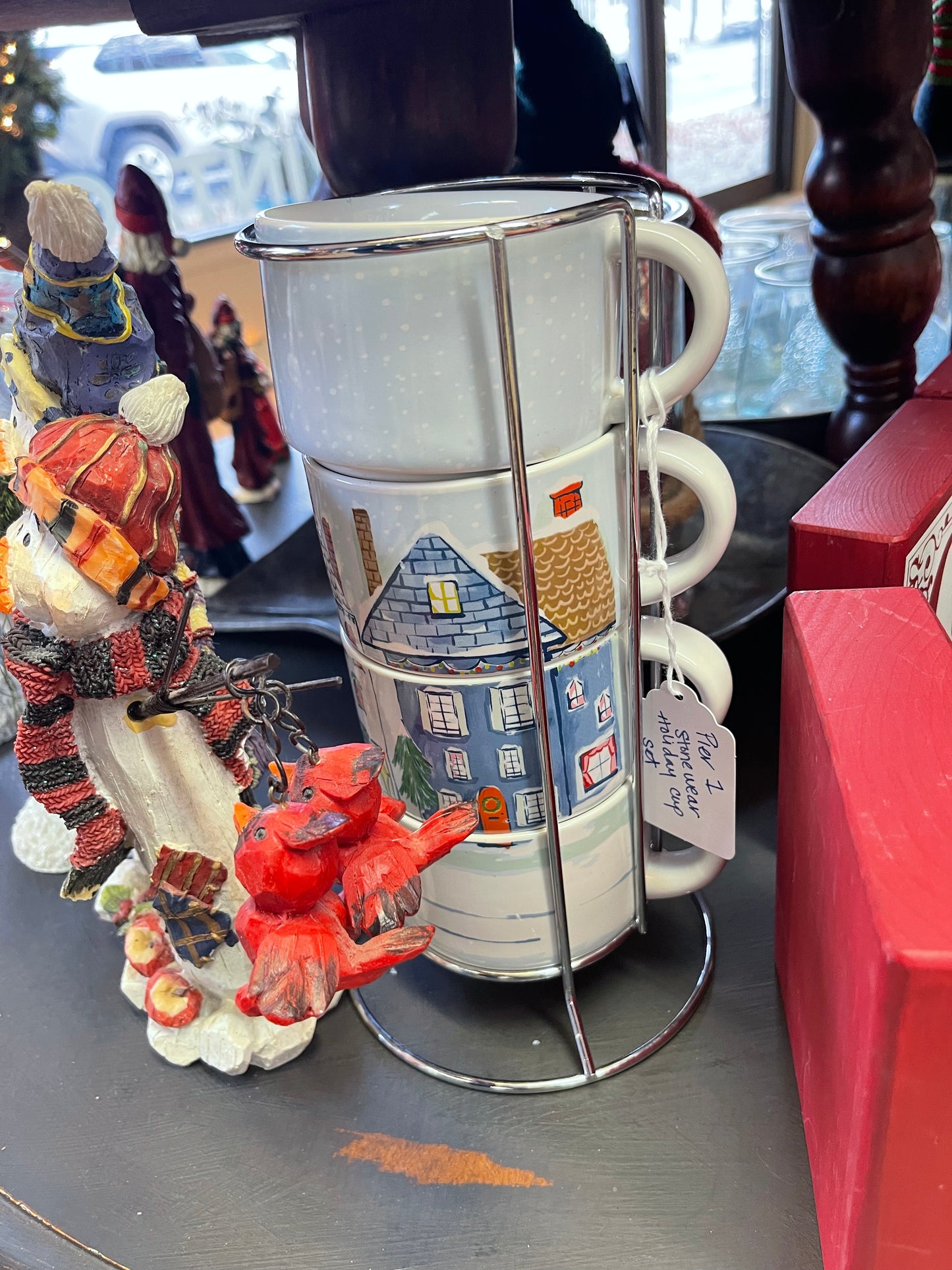 Pier 1 Imports Christmas Set 4 Stackable Stoneware Mugs Stainless Rack