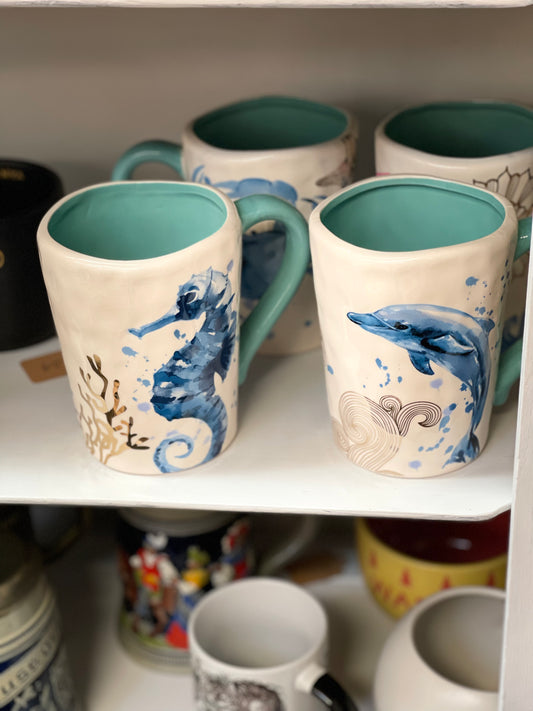 Avenue 9, 2017 Watercolor Sea Life Oversized Mugs, Turquoise inside and handle