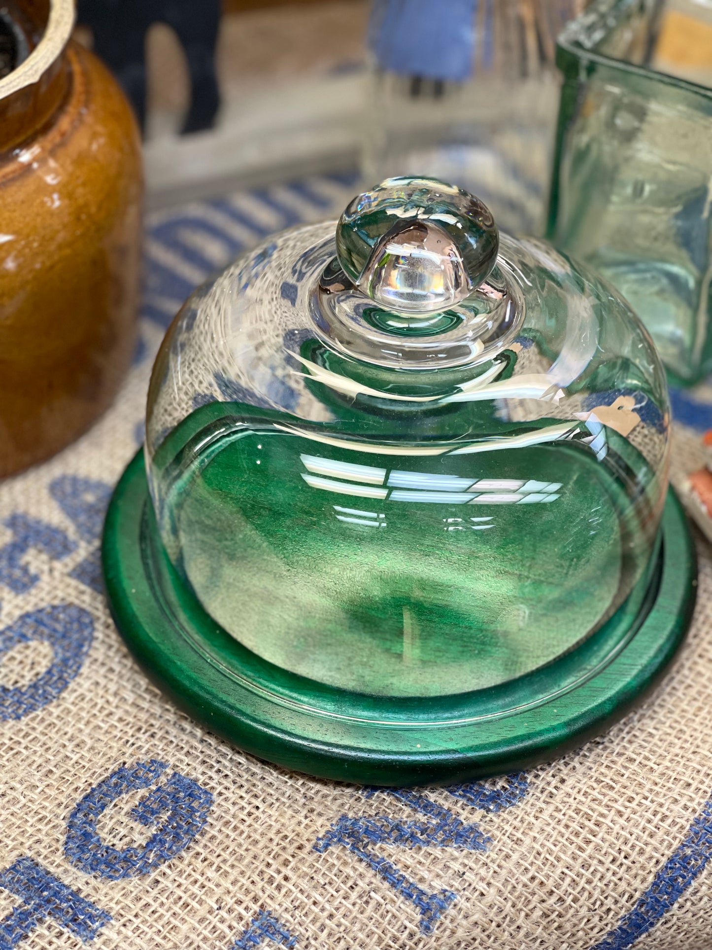 Glass dome/ green wood cheese tray
