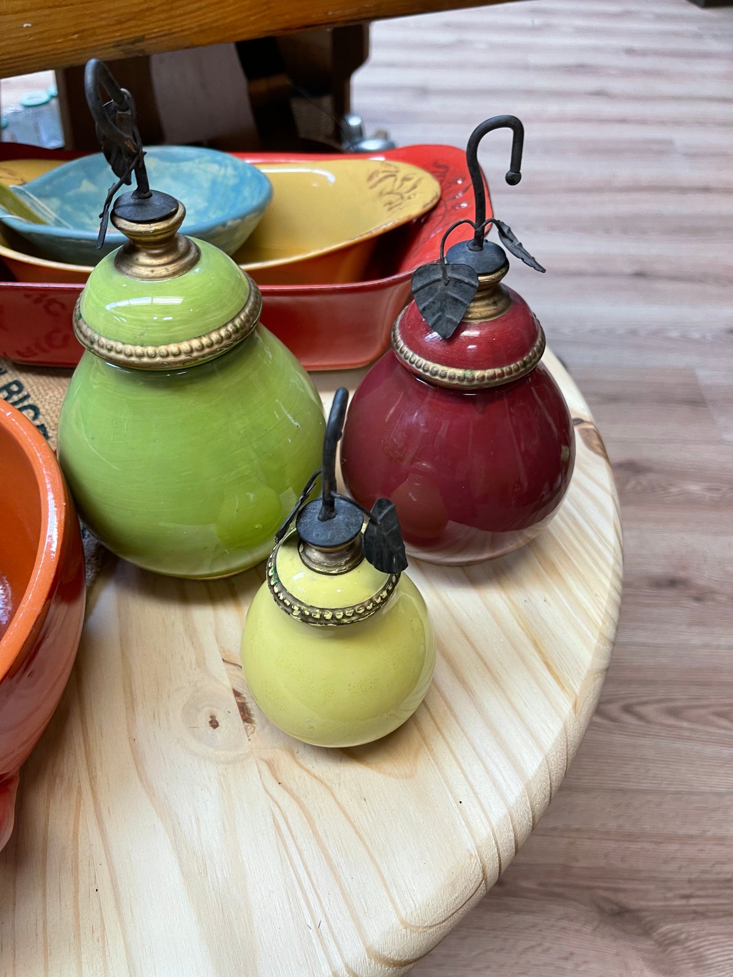 Ceramic pear shaped containers with lids set of 3, red, yellow, green