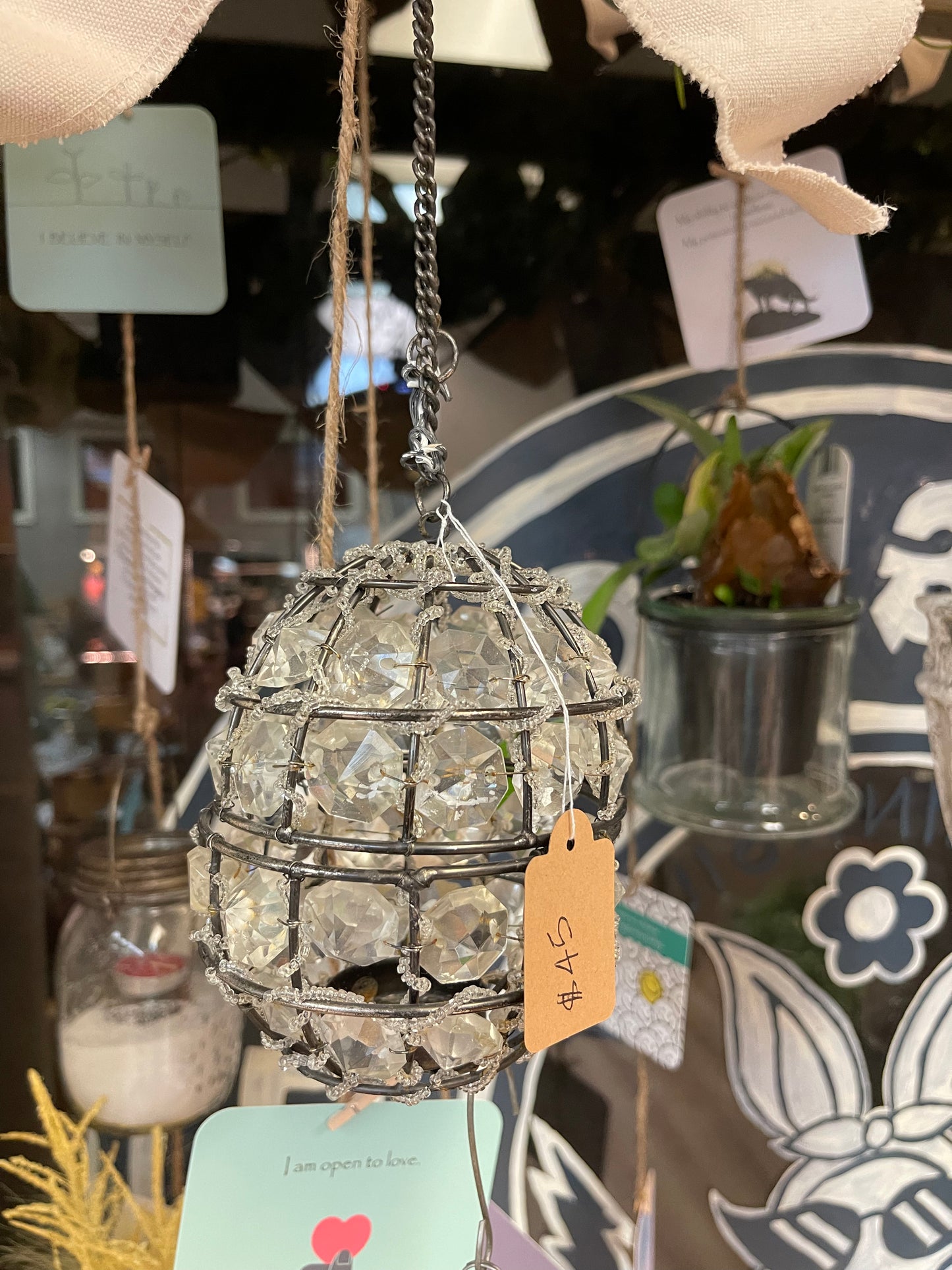 Crystal/metal hanging candle holder