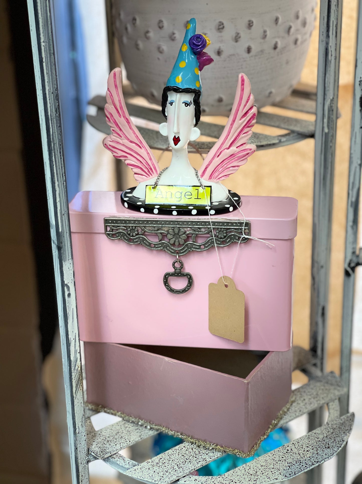 Found object assemblage art - angel box pink
