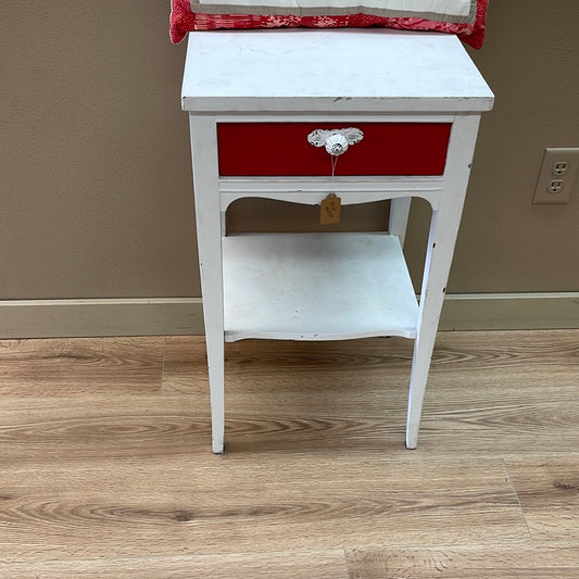 Solid wood side table, white with hot pink drawer
